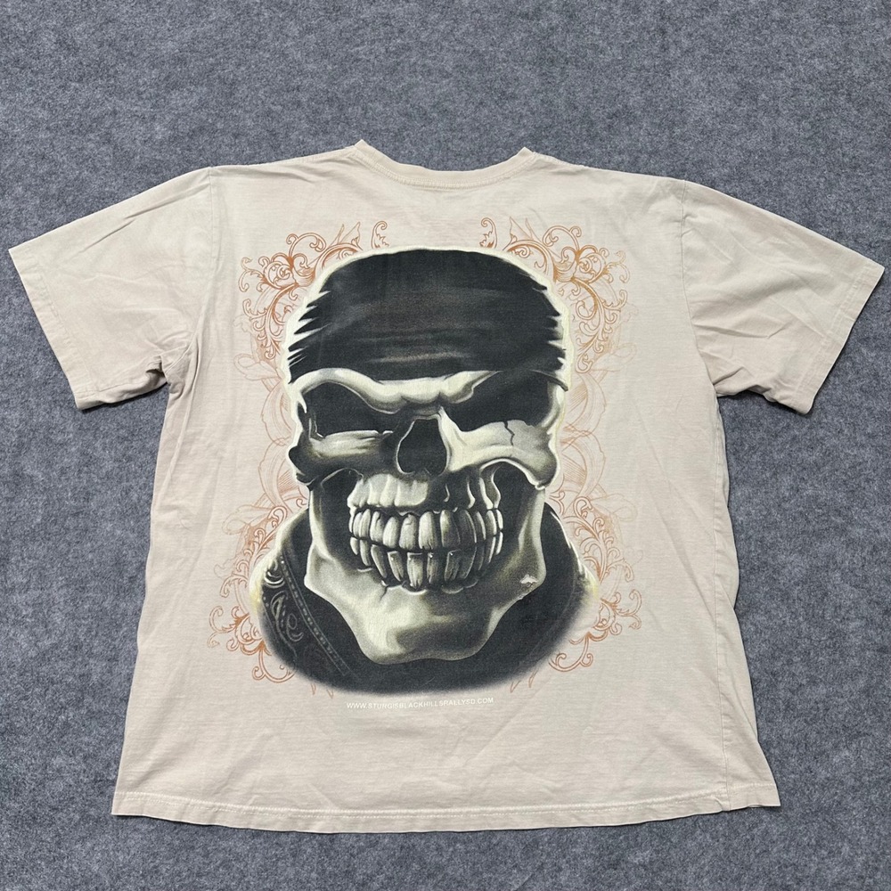 Y2K Bass Sturgis Black Hills Rally T‎ Shirt Mens XL Tan Skull Graphic Biker Tee